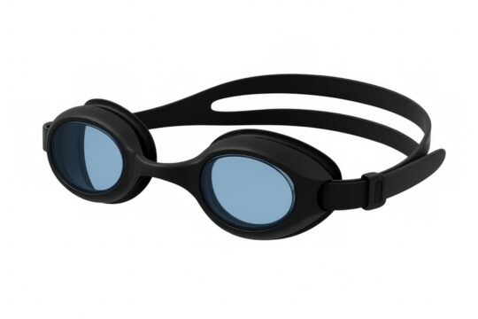 Blue-framed swimming goggles with tinted lenses, resting on transparent surface, ready for poolside or beach water sports - Powered by Adobe