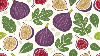 Seamless pattern of fresh figs with green leaves on a white background