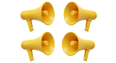 Four Yellow Megaphones Isolated Against Transparent Background Illustration