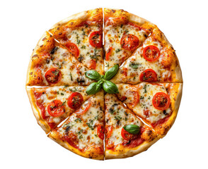 Delicious homemade pizza with fresh tomato slices and basil leaves on a transparent background