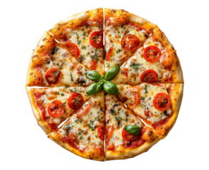 Delicious homemade pizza with fresh tomato slices and basil leaves on a transparent background