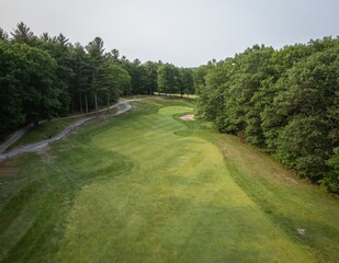 Aerial view of a lush green golf course.