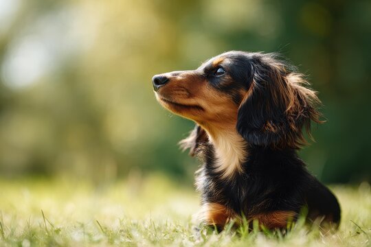 Young dachshund in profile resting on grass in a park Blurred background space for text