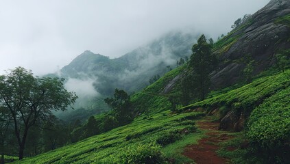 Misty tea plantation landscape with rolling hills.