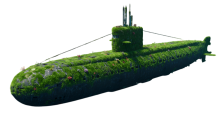 Illustration of a Green Submarine Covered in Vegetation Against Isolated Background
