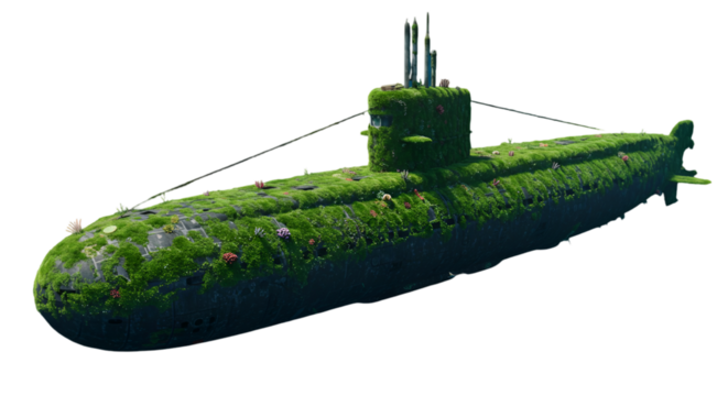 Illustration of a Green Submarine Covered in Vegetation Against Isolated Background