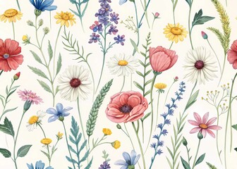 Summer banner with colorful wildflowers and abstract green plants, isolated watercolor illustration for card, border, wallpaper, poster or template your design.
