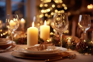 Candlelight glowing on festive holiday table
