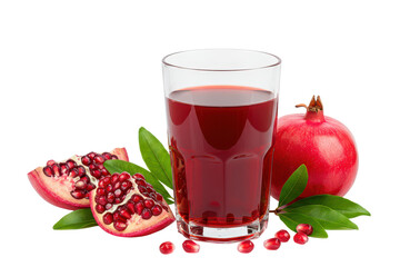 Refreshing pomegranate juice in glass, leaves, seeds and fruit isolated transparent background