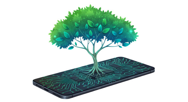 Digital Illustration Of A Green Tree On A Smart Phone Screen Isolated Background