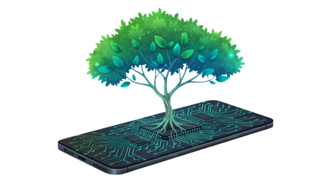 Digital Illustration Of A Green Tree On A Smart Phone Screen Isolated Background