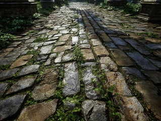 Ancient cobblestone pathway with moss, ruins on both sides, extending into the distance Overhead perspective, muted earth tones, dawndusk lighting - AI-Generated