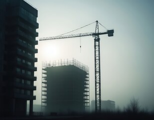 Tower crane and incomplete building seen as silhouettes through thick morning fog.
