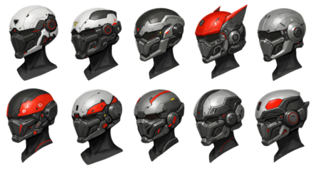Digital Illustration Of Cyberpunk Helmets In Gray Red And White Colors