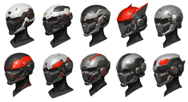 Digital Illustration Of Cyberpunk Helmets In Gray Red And White Colors