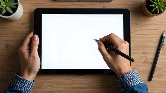 Top view of hands writing, drawing, painting on blank tablet with stylus pen for digital painting, graphic design, working or lecture flat vector illustration. Working on blank space tablet.