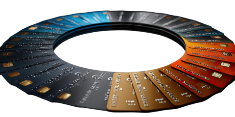 Circular array of credit cards in various colors
