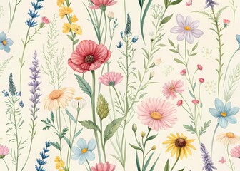 Summer banner with colorful wildflowers and abstract green plants, isolated watercolor illustration for card, border, wallpaper, poster or template your design.
