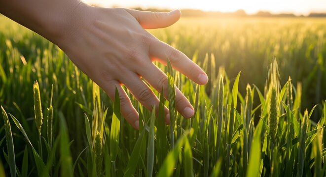 Hand touching tall green wheat or grass in a field at sunset. Connection with nature, sensory experience, freedom, and enjoying a peaceful moment in the countryside.