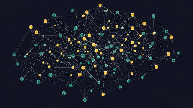 A complex network of interconnected nodes with yellow and green spheres on a dark background