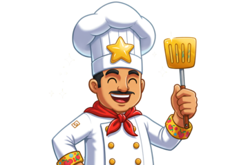 Happy Cartoon Chef Illustration Holding Golden Spatula on Transparent Background