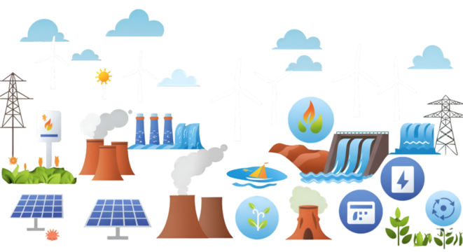 Energy Illustration Depicting Renewable Power Sources Against Transparent Background