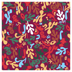 A vibrant abstract pattern featuring organic flower and geometric shapes in rich colors of red, green, blue, and yellow against a maroon background, repeat print