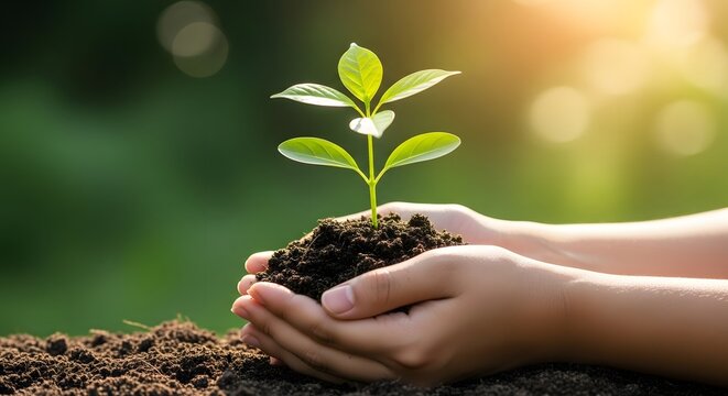 Hands holding a young green plant in soil. World Environment Day concept. Represents growth, new beginnings, care, sustainability, and protecting nature.