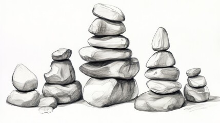 Detailed pencil sketch of several rock stacks