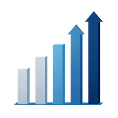 Blue gradient bar chart with upward arrows indicating growth isolated on a transparent background