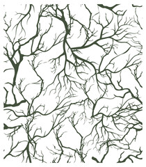 Abstract design dark green branches intertwining against a white background, creating a complex pattern, hand drawn  repeat surface design