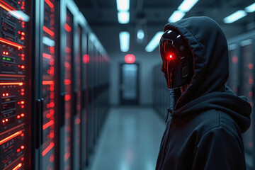 Suspect white AI robot wear hood jacket standing in data center server modern office working room in concept of cyber security hacking risk and privacy leak in cloud computing technology solution