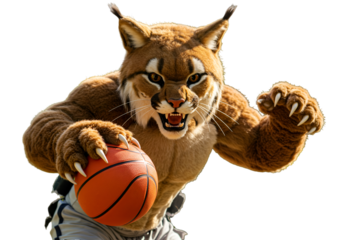 Fierce Cougar Mascot Holding Basketball Isolated Photo with Transparent Background
