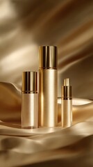 Three gold-toned cosmetic bottles on a luxurious gold silk backdrop