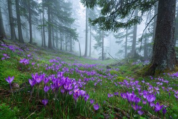 Fototapeta premium Picturesque landscape of a verdant field adorned with blooming purple crocuses in a misty forest during spring