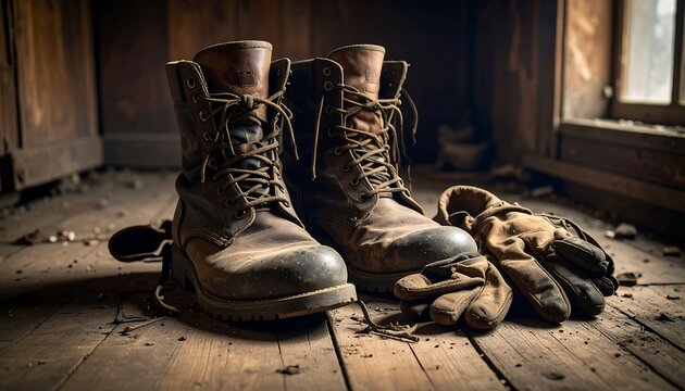 Worn work boots and gloves on wooden floor