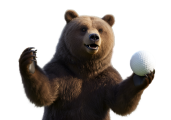 Happy Brown Bear Holding A Golf Ball Isolated On A Transparent Background