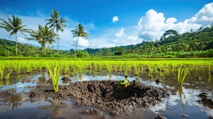 Obraz premium Lush green rice paddy with frog