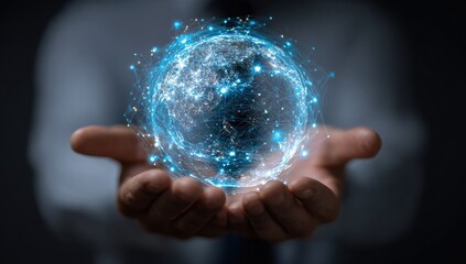 Holographic Earth held in hands.  Digital globe, network