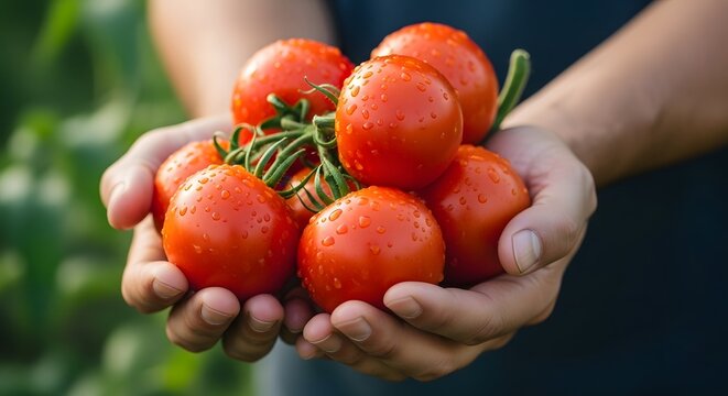 A person's hands holding a bunch of fresh, ripe red tomatoes on the vine. Concept of organic farming, fresh produce, harvest, and healthy eating.