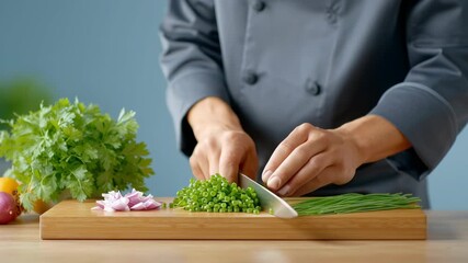 focus and discipline, A chef chops fresh herbs and onions on a wooden cutting board in a kitchen setting.