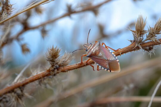 A lone Centrotus cornutus thorn hopper clings to a wild grass branch against a blurred natural backdrop