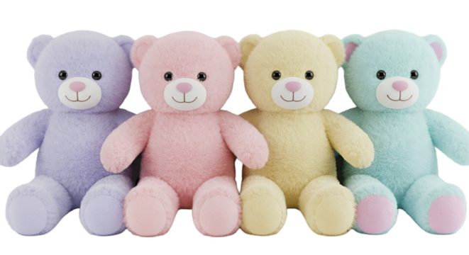 Four Pastel Teddy Bears Isolated on a Transparent Background