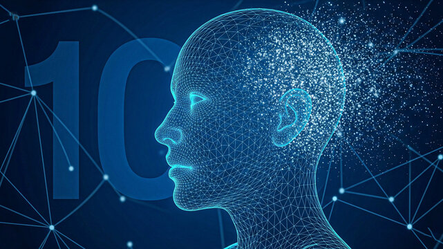 Abstract Wireframe Head Disintegrating: Digital Transformation, Data Loss, AI, Network, Technology, Innovation, Future, Concept, Blue, 10