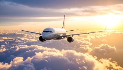 Obraz premium Airplane Soaring Above Clouds at Sunset, Golden Hour Flight Perspective