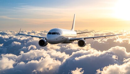 Obraz premium Airplane Soaring Above Golden Sunset Cloudscape