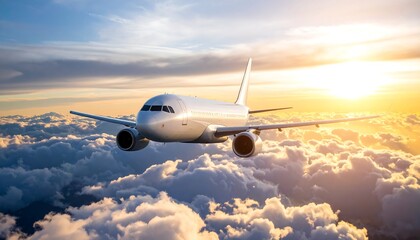 Obraz premium Airplane soars above fluffy clouds bathed in golden sunlight, wings cutting through the sky