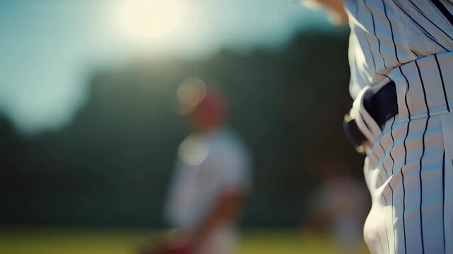 Detailed capture of pitcher releasing baseball with motion blur emphasizing speed and athletic precision

