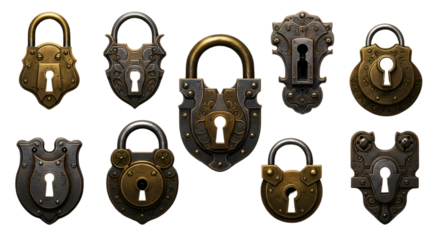 Illustration Of Ornate Metal Locks In Gold And Gray Color on Transparent Background