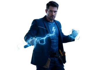 Hero Electrician Man with Lightning Energy 3D Illustration on Transparent Background